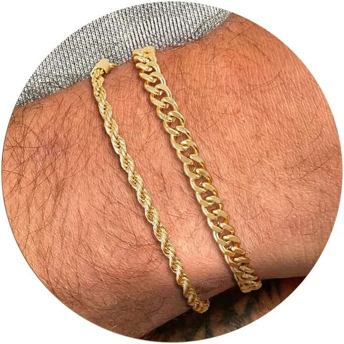 Gold Bracelets for Men, 14K Gold Mens Bracelet Layered Gold Cuban Chain Bracelets Set 3mm/5mm 6.5-9 Inches Mens Bracelet Mens Jewelry Gifts for Dad Husband