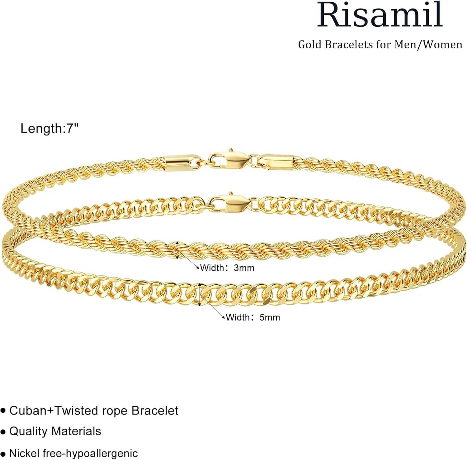 Gold Bracelets for Men, 14K Gold Mens Bracelet Layered Gold Cuban Chain Bracelets Set 3mm/5mm 6.5-9 Inches Mens Bracelet Mens Jewelry Gifts for Dad Husband