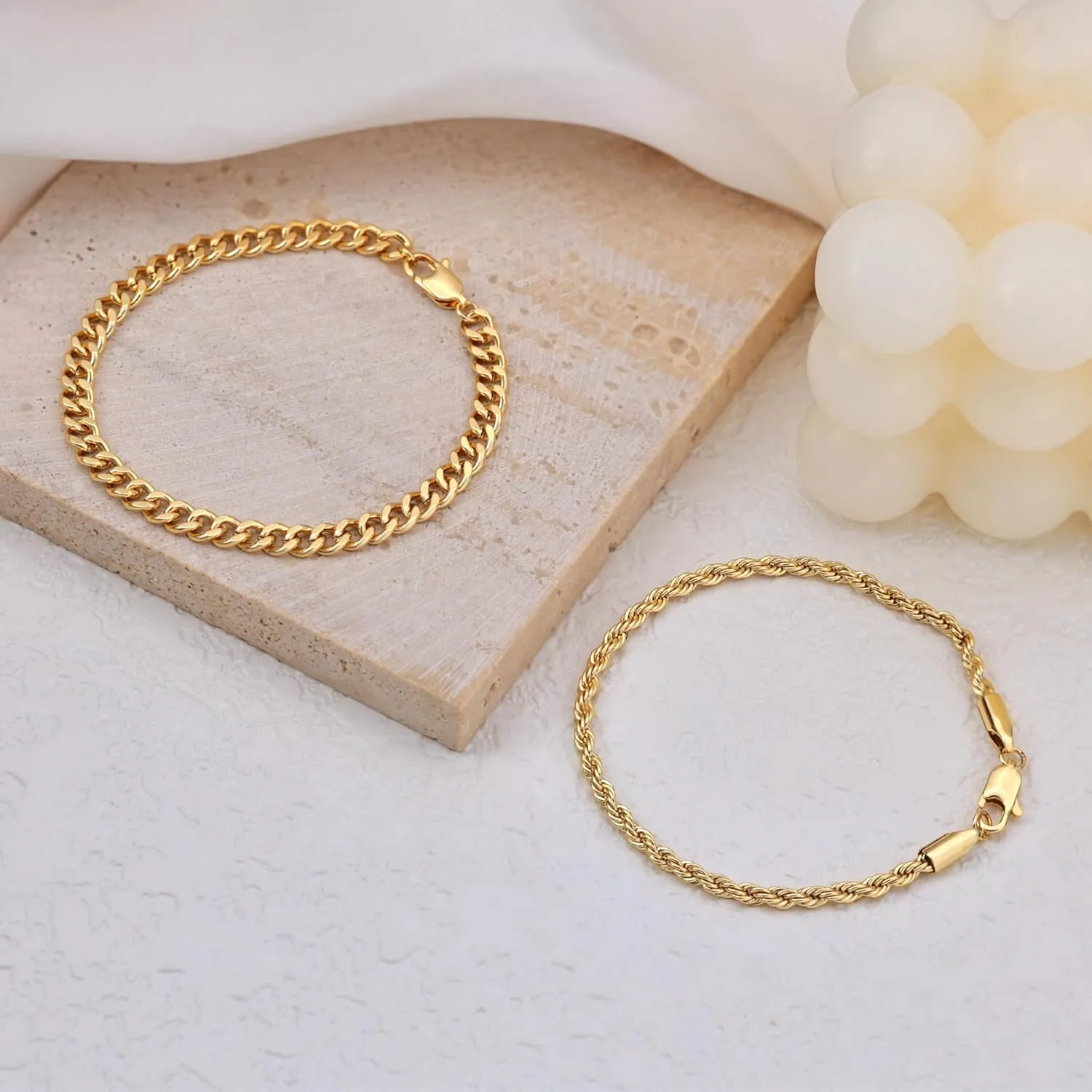 Gold Bracelets for Men, 14K Gold Mens Bracelet Layered Gold Cuban Chain Bracelets Set 3mm/5mm 6.5-9 Inches Mens Bracelet Mens Jewelry Gifts for Dad Husband