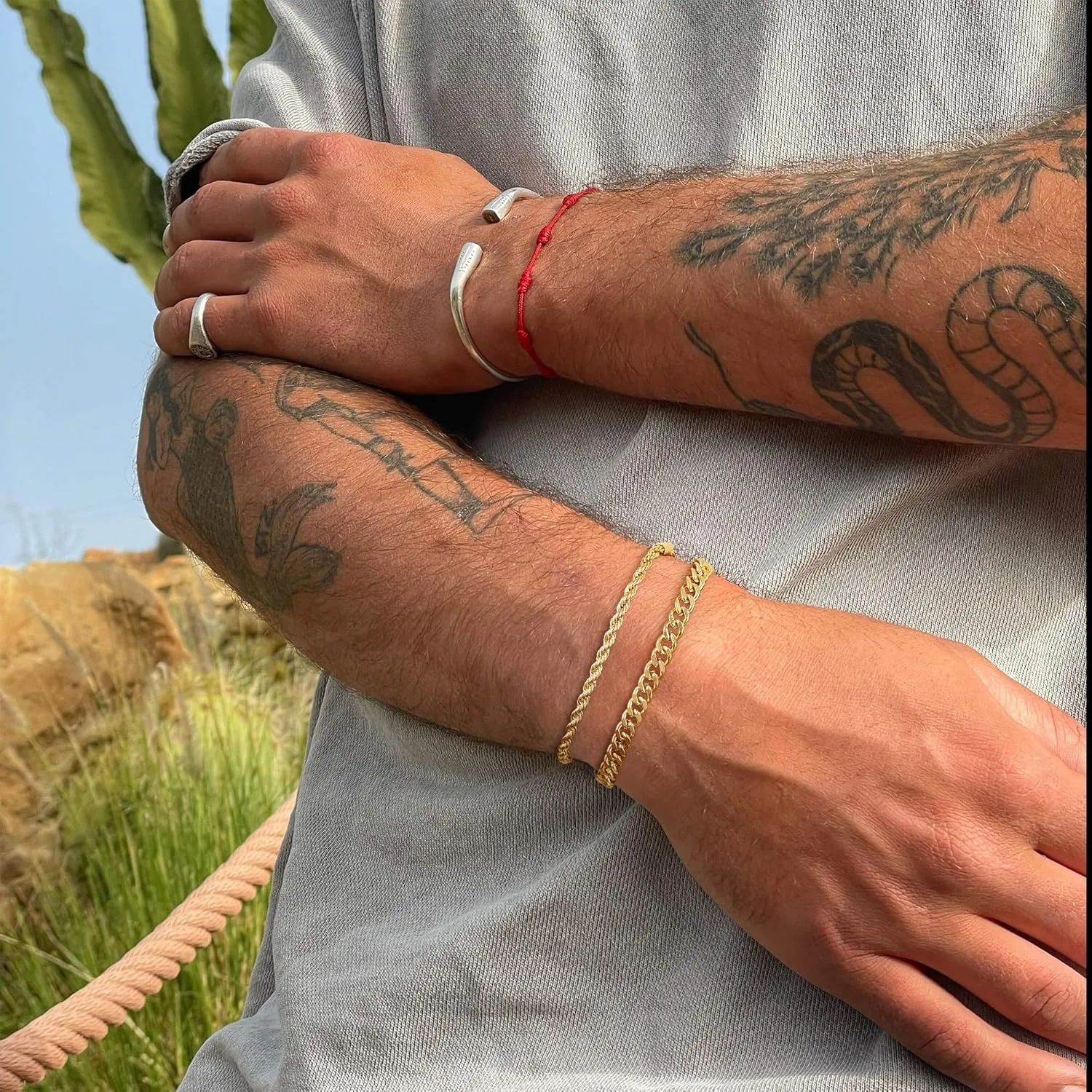 Gold Bracelets for Men, 14K Gold Mens Bracelet Layered Gold Cuban Chain Bracelets Set 3mm/5mm 6.5-9 Inches Mens Bracelet Mens Jewelry Gifts for Dad Husband