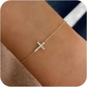 Gold Bracelets for Women,Dainty Gold Cross Bracelet 14K Gold Plated Beaded Bracelets for Women Trendy Bracelet Stack Pearl Bracelet Set Waterproof Chain Bracelet Gold Jewelry for Women Baptism Gifts