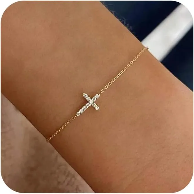 Gold Bracelets for Women,Dainty Gold Cross Bracelet 14K Gold Plated Beaded Bracelets for Women Trendy Bracelet Stack Pearl Bracelet Set Waterproof Chain Bracelet Gold Jewelry for Women Baptism Gifts