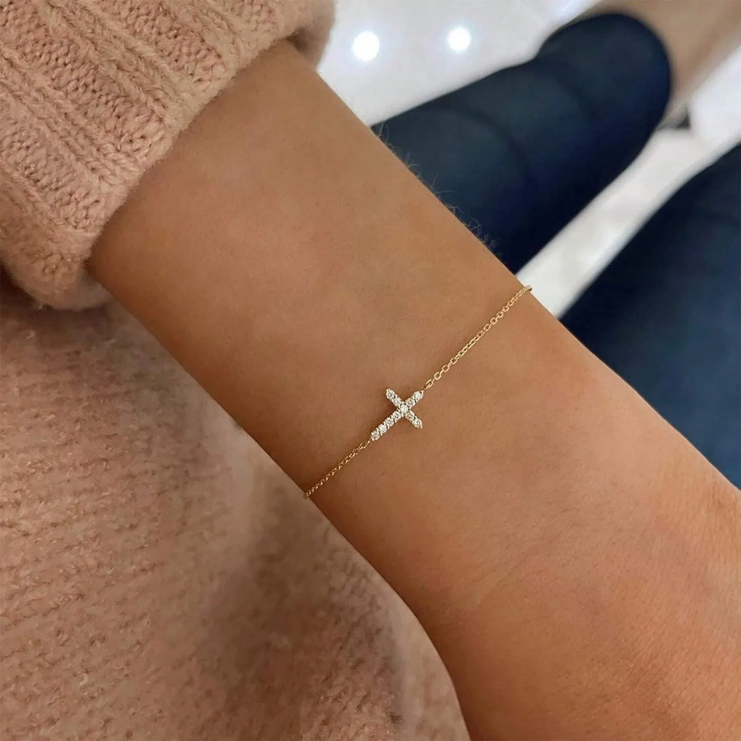 Gold Bracelets for Women,Dainty Gold Cross Bracelet 14K Gold Plated Beaded Bracelets for Women Trendy Bracelet Stack Pearl Bracelet Set Waterproof Chain Bracelet Gold Jewelry for Women Baptism Gifts