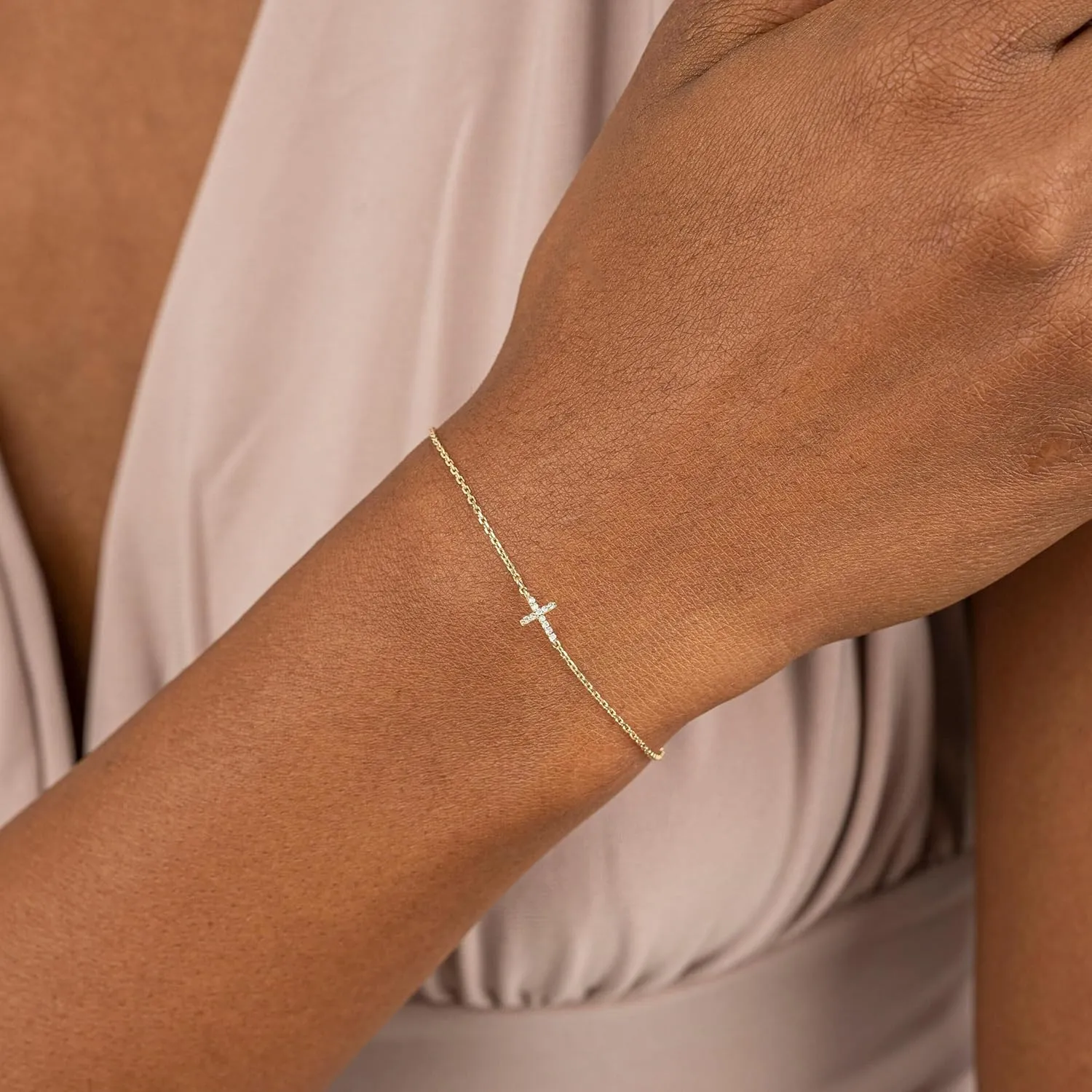 Gold Bracelets for Women,Dainty Gold Cross Bracelet 14K Gold Plated Beaded Bracelets for Women Trendy Bracelet Stack Pearl Bracelet Set Waterproof Chain Bracelet Gold Jewelry for Women Baptism Gifts