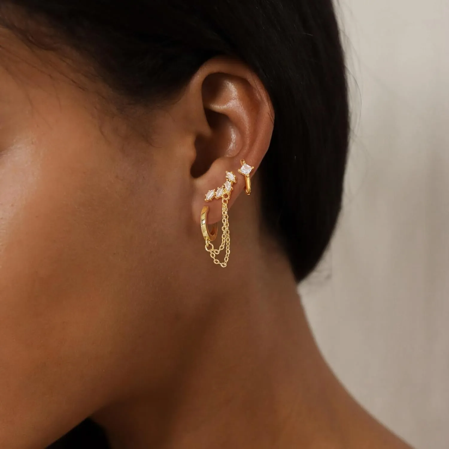 Gold Chain Earrings for Women 14K Gold Plated CZ Studs and Huggie Earrings Set Trendy Jewelry Double Piercing Dangle Chain Huggie Hoop Earrings Set Hypoallergenic Earring Stacks