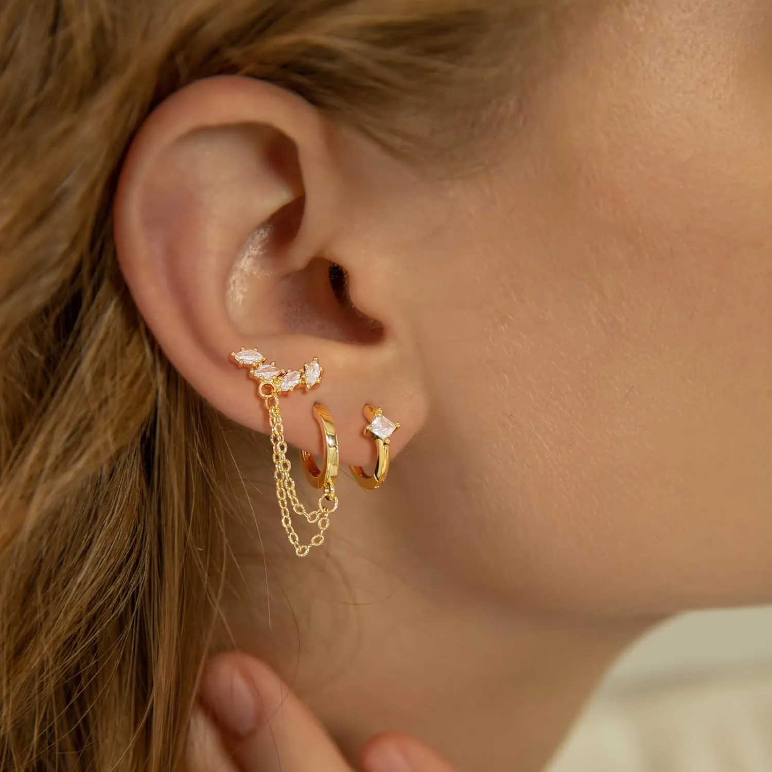 Gold Chain Earrings for Women 14K Gold Plated CZ Studs and Huggie Earrings Set Trendy Jewelry Double Piercing Dangle Chain Huggie Hoop Earrings Set Hypoallergenic Earring Stacks