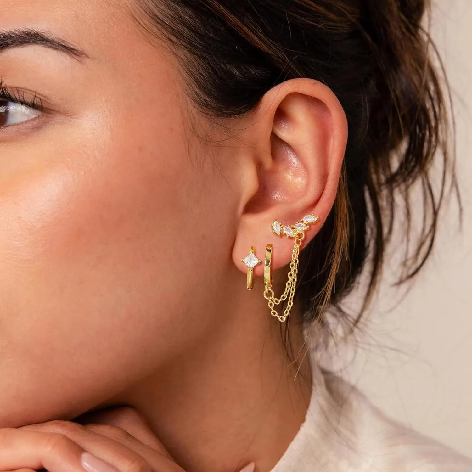 Gold Chain Earrings for Women 14K Gold Plated CZ Studs and Huggie Earrings Set Trendy Jewelry Double Piercing Dangle Chain Huggie Hoop Earrings Set Hypoallergenic Earring Stacks