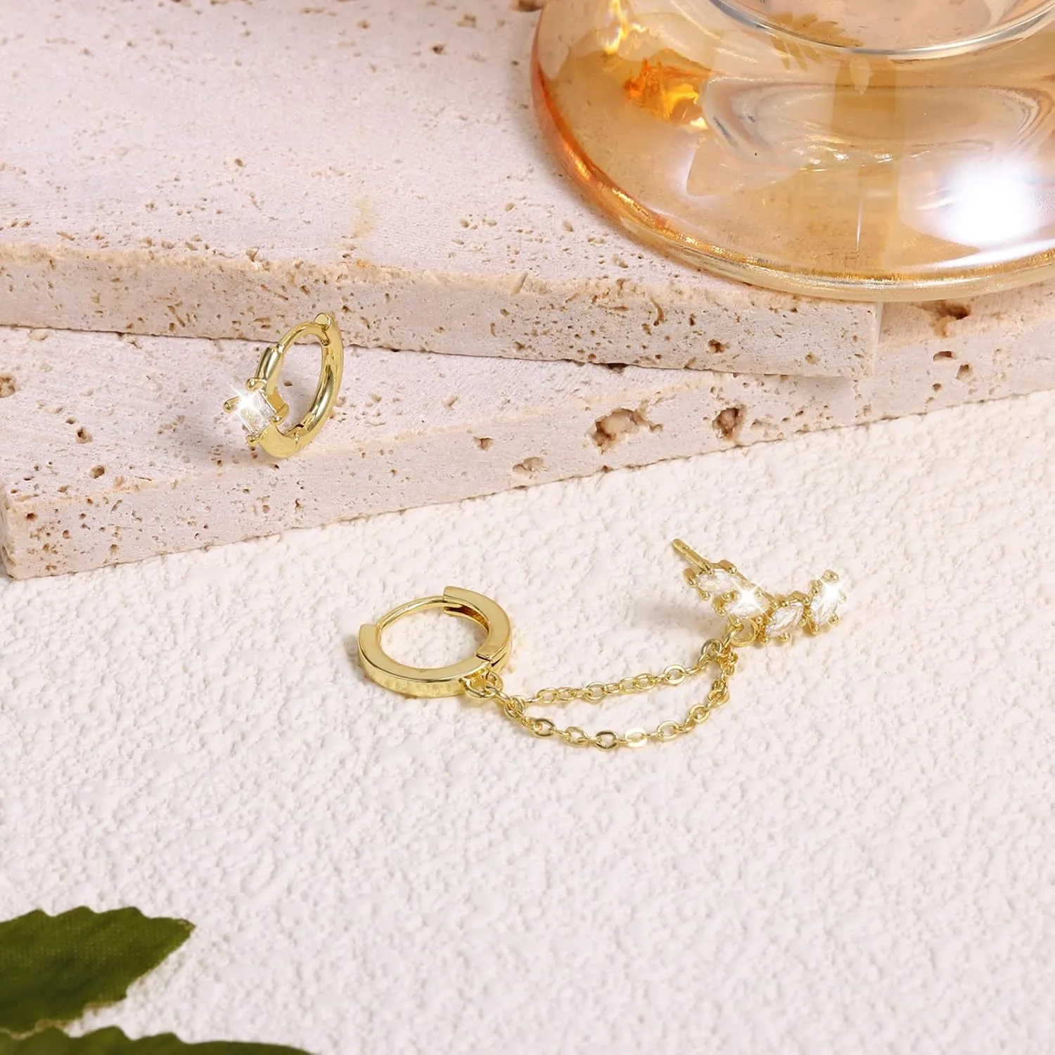 Gold Chain Earrings for Women 14K Gold Plated CZ Studs and Huggie Earrings Set Trendy Jewelry Double Piercing Dangle Chain Huggie Hoop Earrings Set Hypoallergenic Earring Stacks
