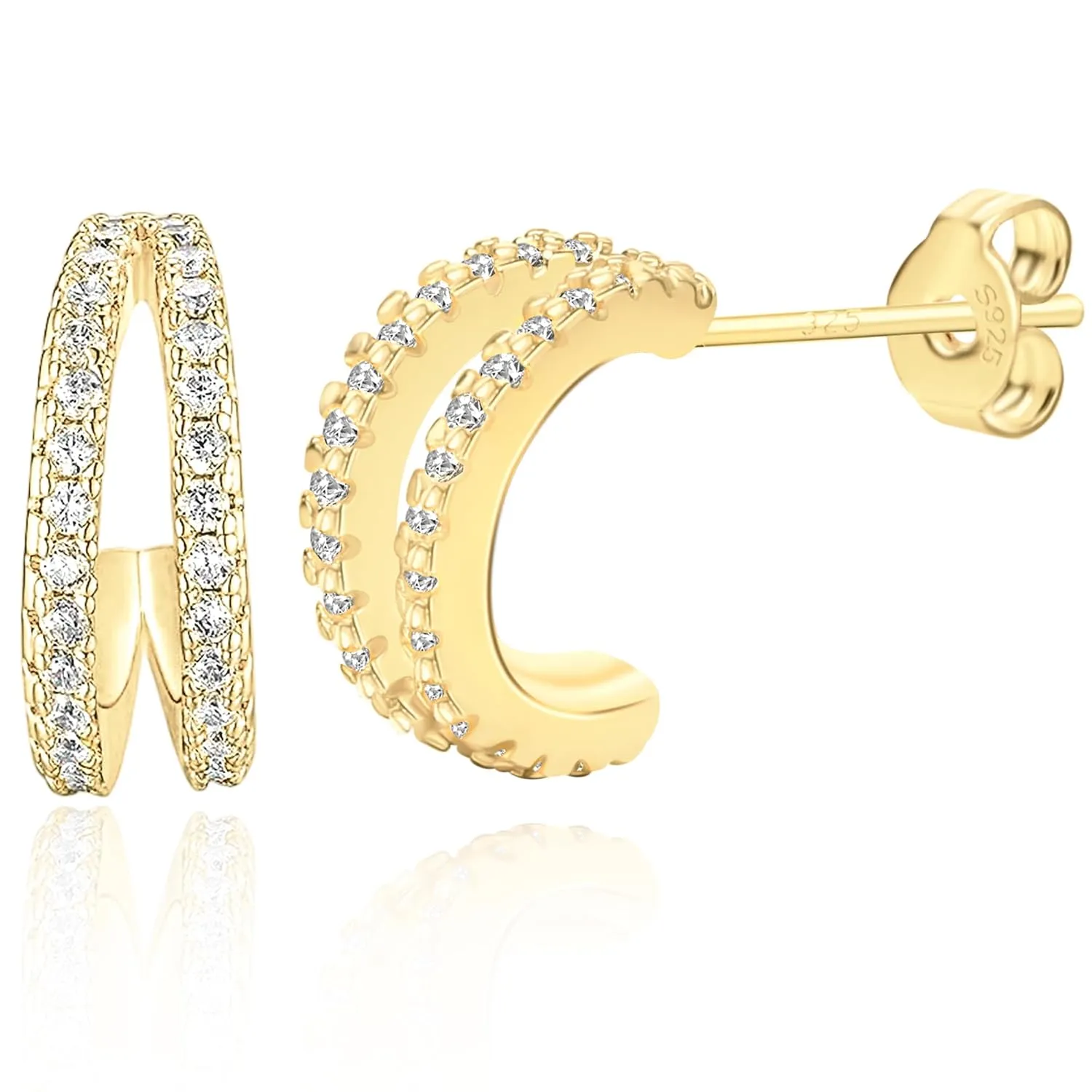 Gold Double Huggie Earrings for Women, Small 14k Gold Plated Hoop Earring with Zircons, Mini Double Gold Hoop Earrings as Gift for Girls