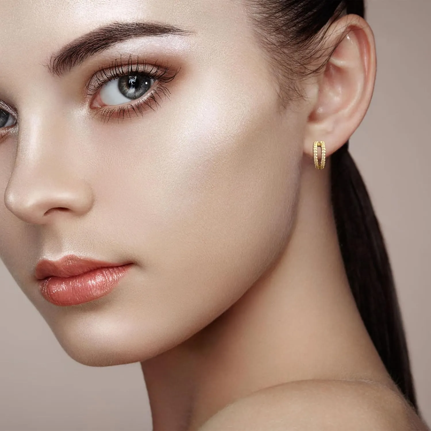 Gold Double Huggie Earrings for Women, Small 14k Gold Plated Hoop Earring with Zircons, Mini Double Gold Hoop Earrings as Gift for Girls
