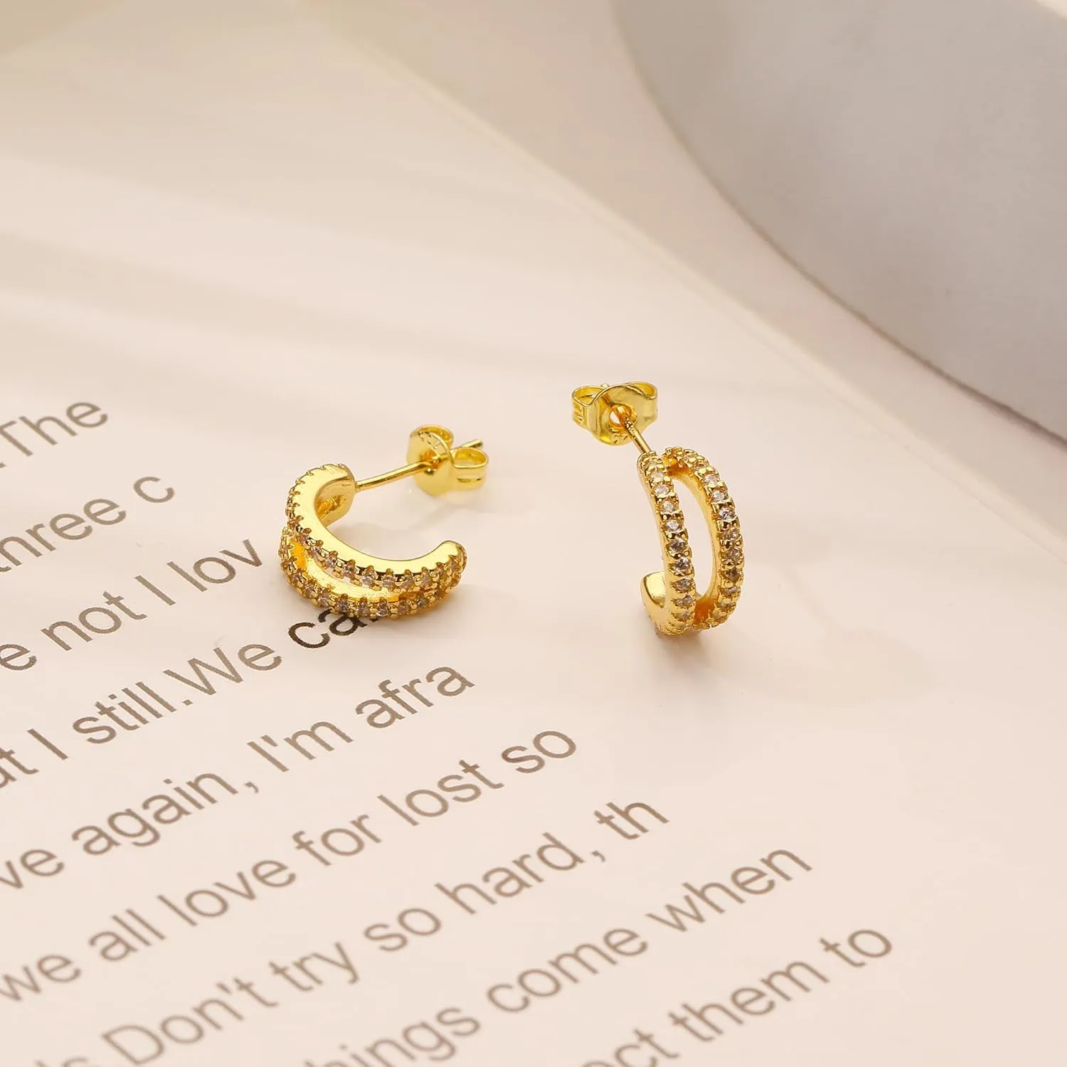 Gold Double Huggie Earrings for Women, Small 14k Gold Plated Hoop Earring with Zircons, Mini Double Gold Hoop Earrings as Gift for Girls