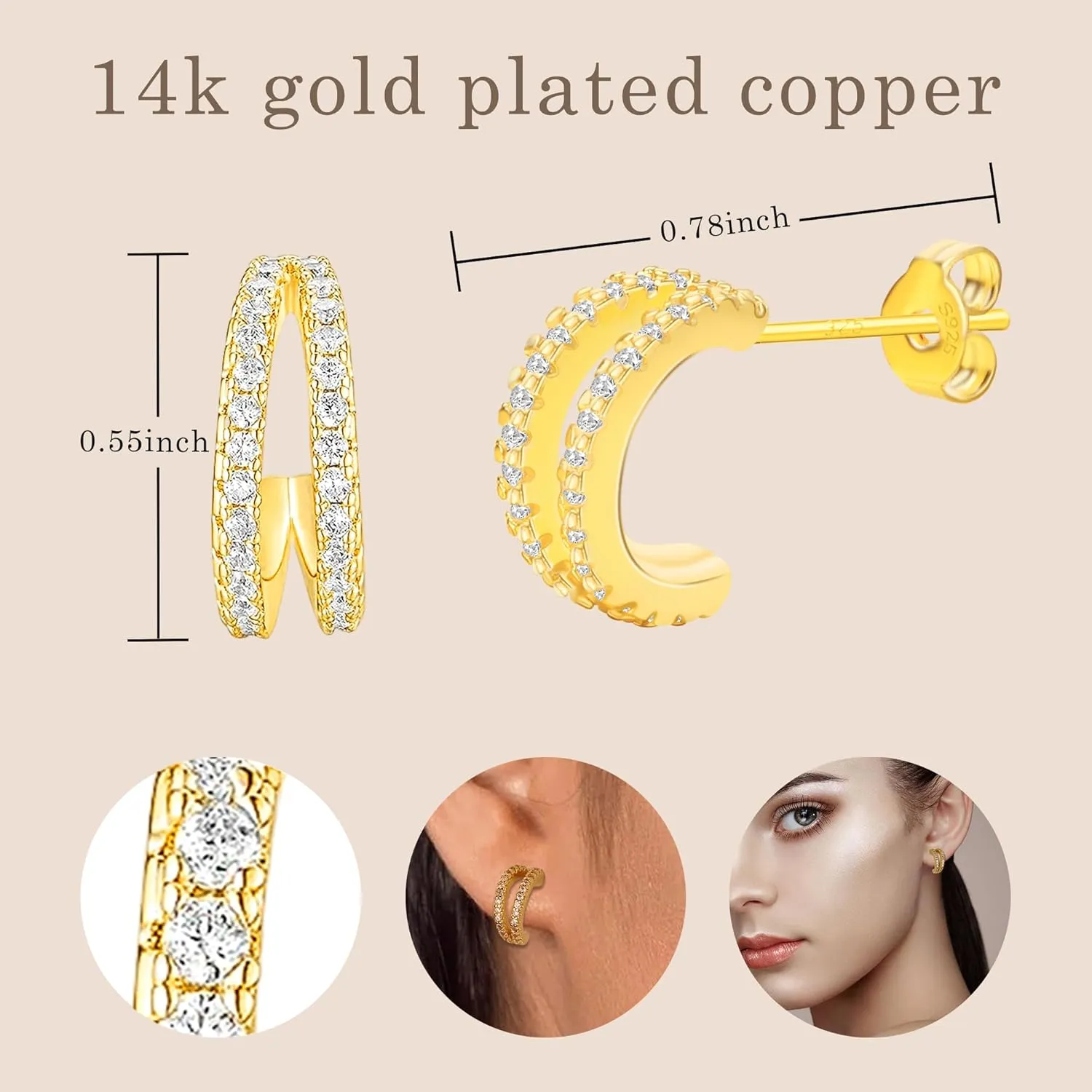 Gold Double Huggie Earrings for Women, Small 14k Gold Plated Hoop Earring with Zircons, Mini Double Gold Hoop Earrings as Gift for Girls