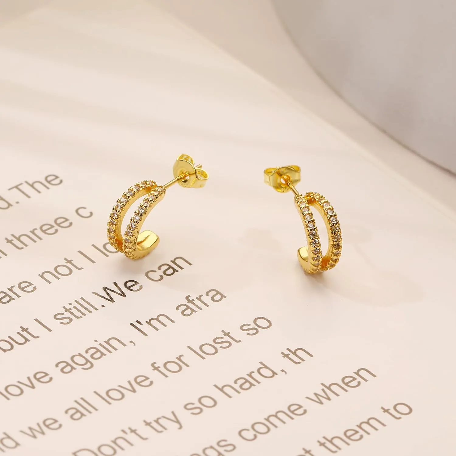 Gold Double Huggie Earrings for Women, Small 14k Gold Plated Hoop Earring with Zircons, Mini Double Gold Hoop Earrings as Gift for Girls