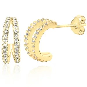 Gold Double Huggie Earrings for Women, Small 14k Gold Plated Hoop Earring with Zircons, Mini Double Gold Hoop Earrings as Gift for Girls
