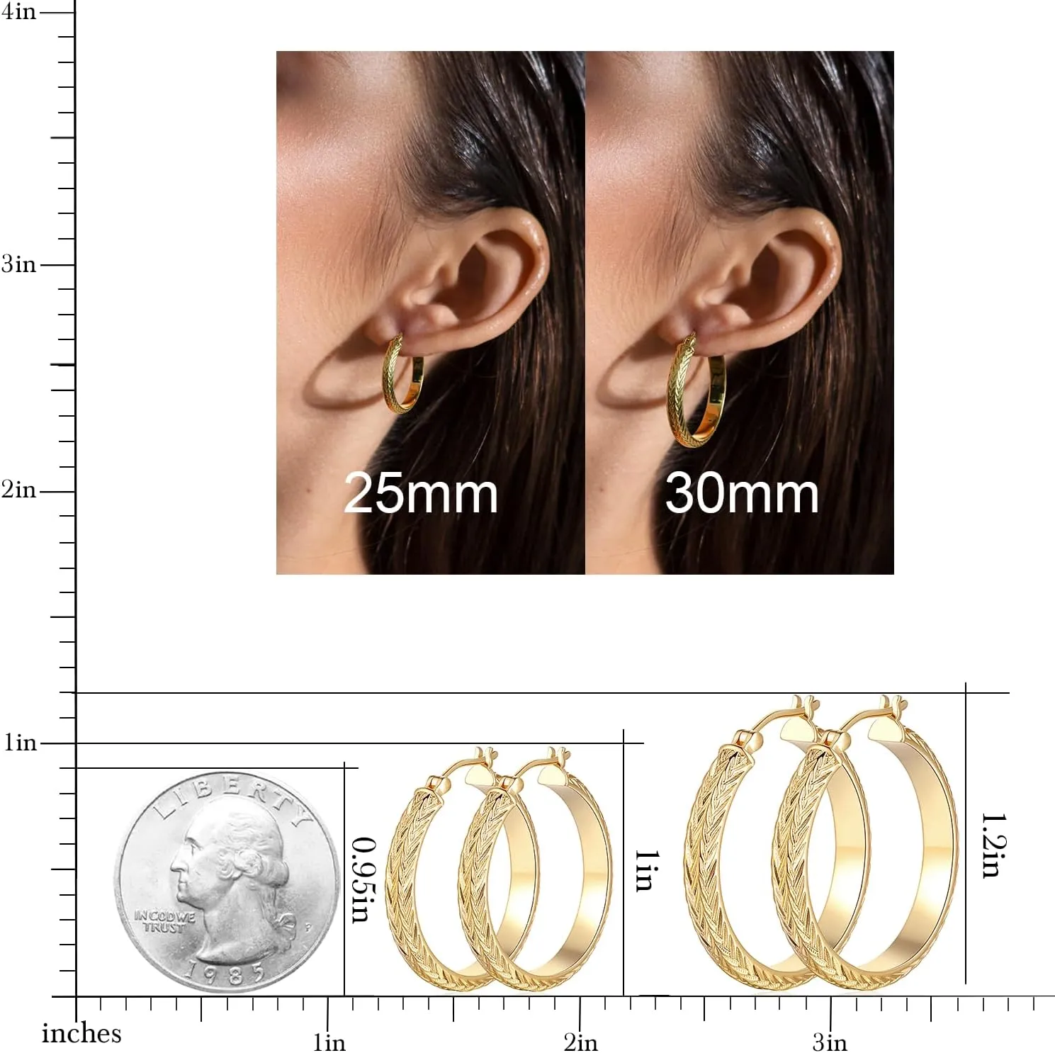 Gold Earrings 14k Gold Hoop Earrings for Women Large Chunky Hoop Earring with a V-Shaped Engraved Design Womens Hoops Earring 25 MM /30 MM