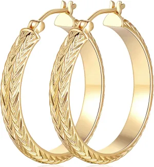 Gold Earrings 14k Gold Hoop Earrings for Women Large Chunky Hoop Earring with a V-Shaped Engraved Design Womens Hoops Earring 25 MM /30 MM