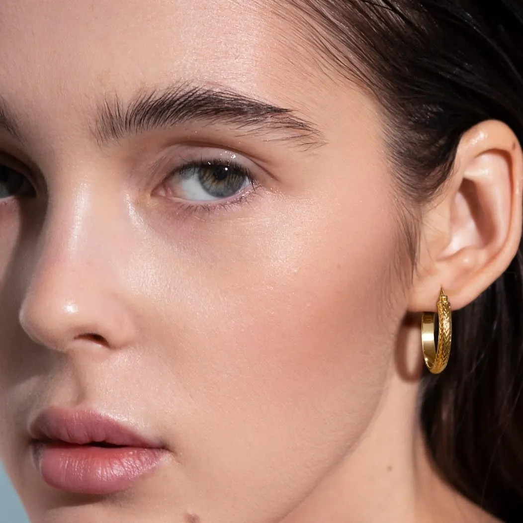 Gold Earrings 14k Gold Hoop Earrings for Women Large Chunky Hoop Earring with a V-Shaped Engraved Design Womens Hoops Earring 25 MM /30 MM