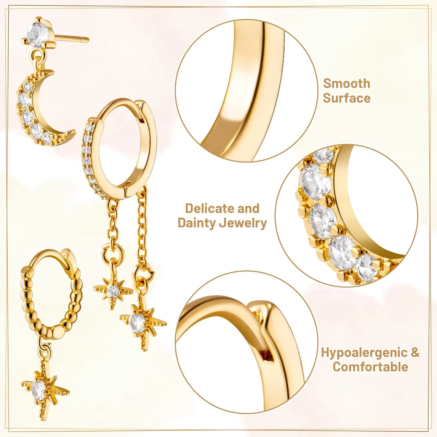 Gold Earrings Set for Women - 3pcs Stud Cartilage Hoop Earring Stack, 14K Gold Plated Dainty Trendy Ear Jewelry, Hypoallergenic Small Simple Dangle for Tragus Multiple Piercing