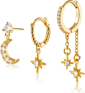 Gold Earrings Set for Women - 3pcs Stud Cartilage Hoop Earring Stack, 14K Gold Plated Dainty Trendy Ear Jewelry, Hypoallergenic Small Simple Dangle for Tragus Multiple Piercing