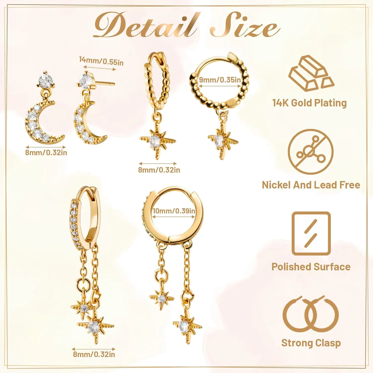 Gold Earrings Set for Women - 3pcs Stud Cartilage Hoop Earring Stack, 14K Gold Plated Dainty Trendy Ear Jewelry, Hypoallergenic Small Simple Dangle for Tragus Multiple Piercing
