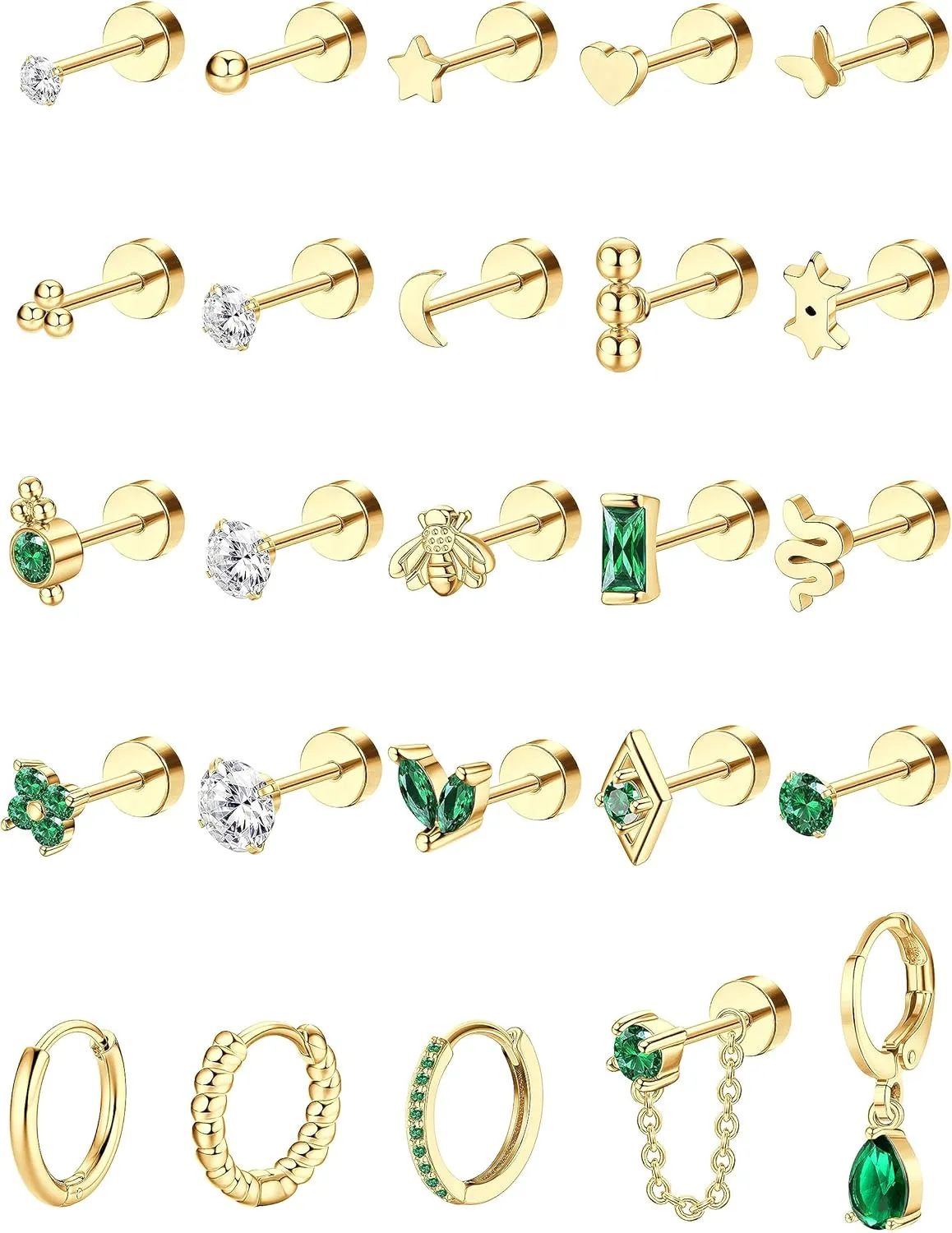 Gold Flat Back Earrings for Women Hypoallergenic Surgical Steel Earrings for Sensitive Ears 20G Small Stainless Steel Flatback Stud Hoop Cartilage Earring Set for Multiple Piercing Helix/Tragus/Conch