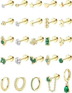 Gold Flat Back Earrings for Women Hypoallergenic Surgical Steel Earrings for Sensitive Ears 20G Small Stainless Steel Flatback Stud Hoop Cartilage Earring Set for Multiple Piercing Helix/Tragus/Conch