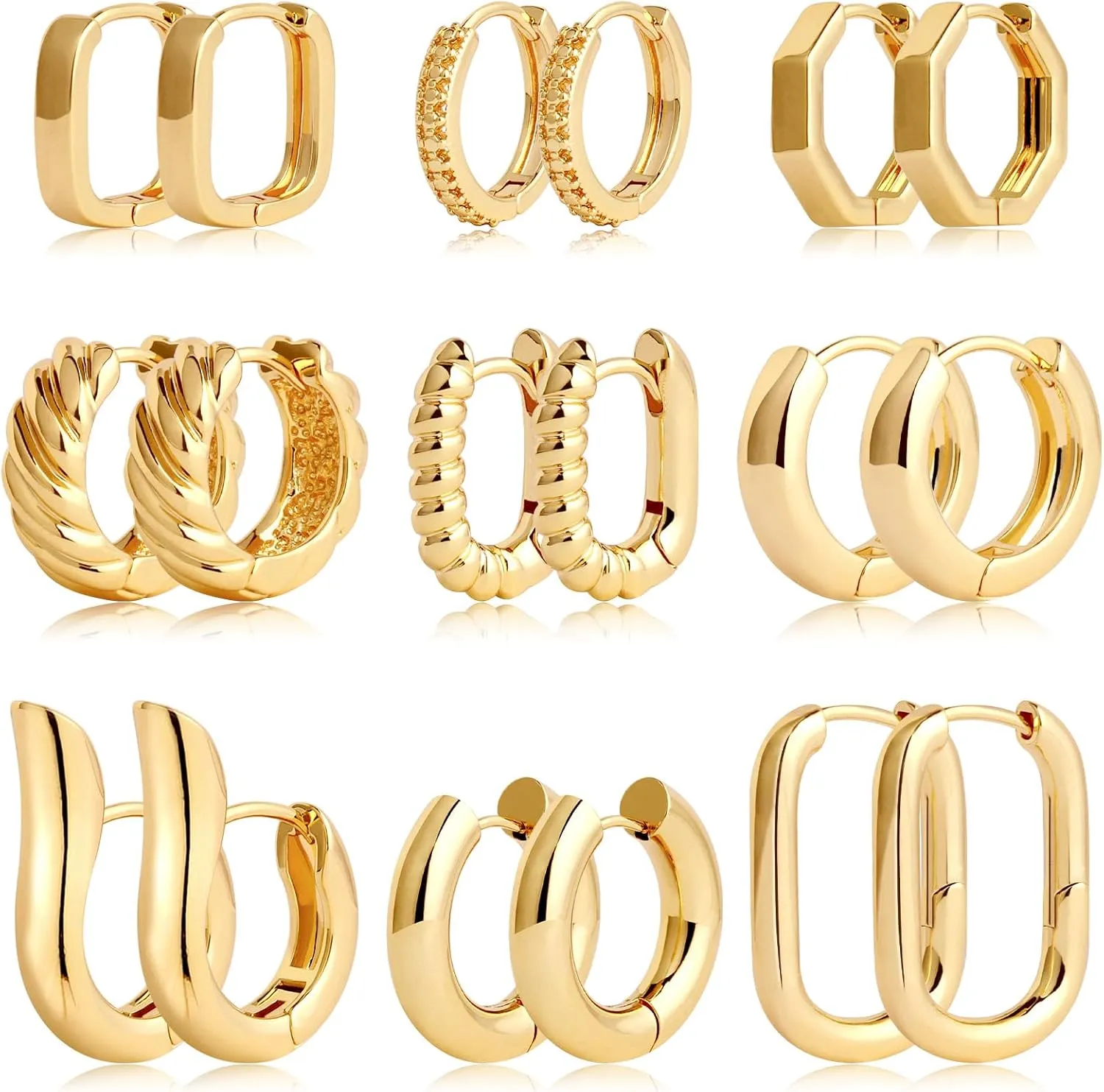 Gold Hoop Earrings Set 14k Gold Plated Huggie Earrings Hypoallergenic Chunky Twisted Thick Jewelry for Multiple Piercing Christmas Gift for Women