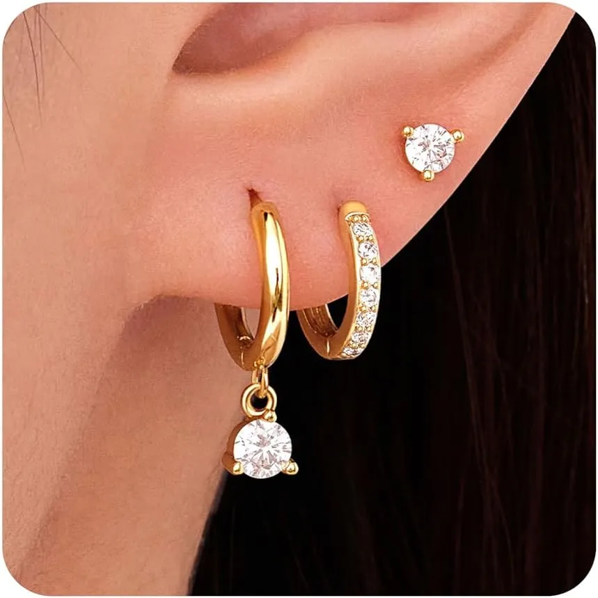 Gold Huggie Hoop Earrings Set for Women, Dainty Small Stud Earrings for Women Trendy, Small Sterling Silver Jewelry Earring for Multiple Piercing Hypoallergenic Dangle Hoop Earrings