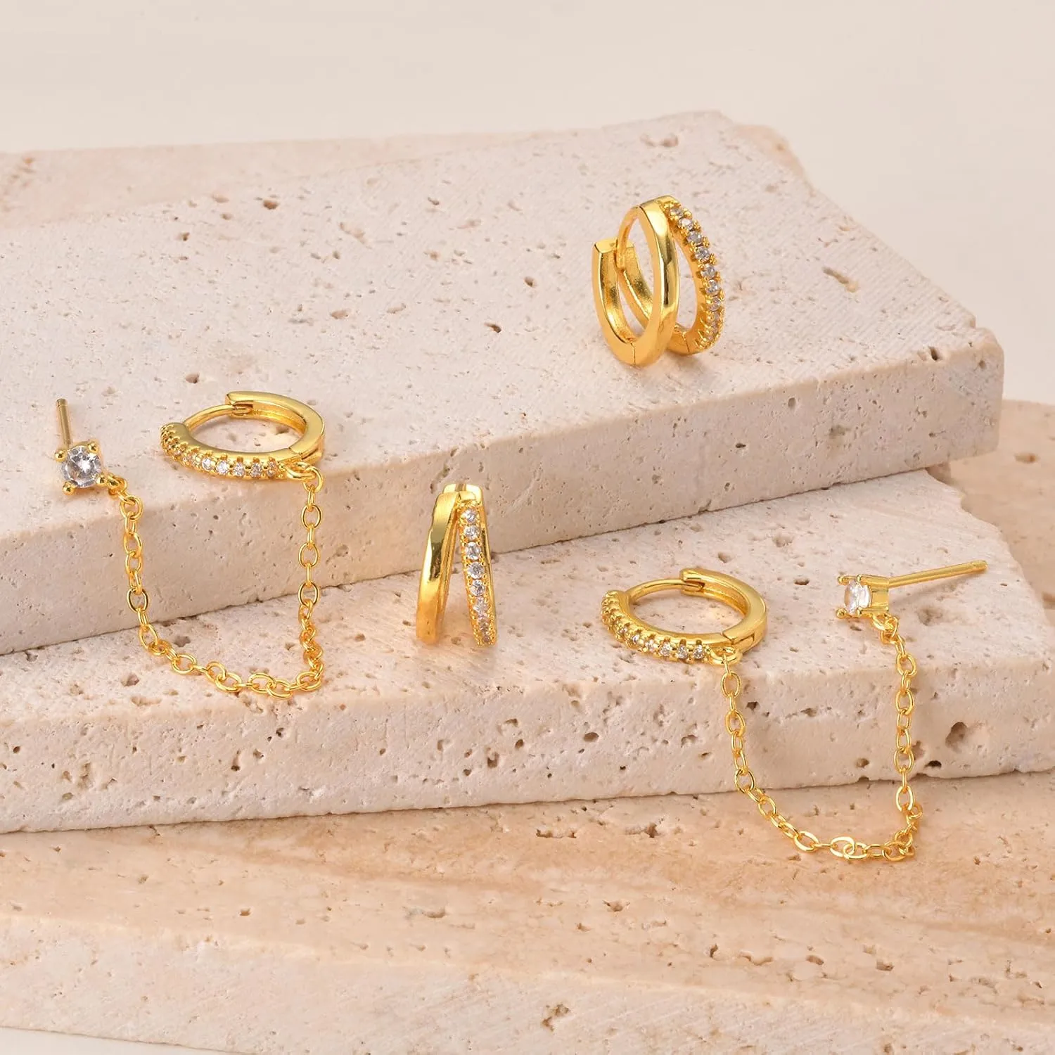 Gold Huggie Stud Earrings Set - 3 Pairs 14K Gold Plated Earring Stacks Aretes, Jacket Hoops for Multiple Piercing,Hypoallergenic Lightweight Trendy Cartilage Ear Rings for Women Jewelry Gifts for Her