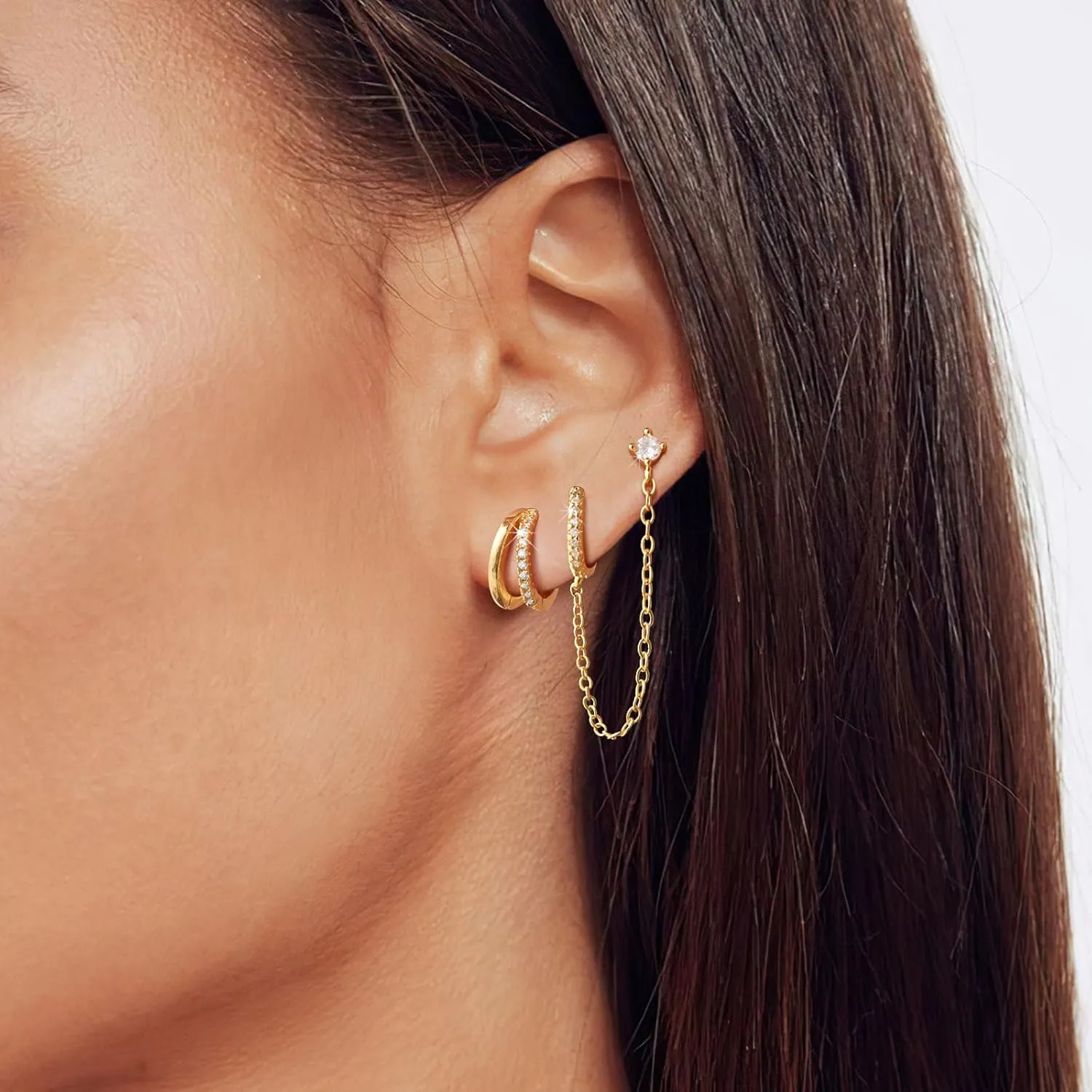 Gold Huggie Stud Earrings Set - 3 Pairs 14K Gold Plated Earring Stacks Aretes, Jacket Hoops for Multiple Piercing,Hypoallergenic Lightweight Trendy Cartilage Ear Rings for Women Jewelry Gifts for Her