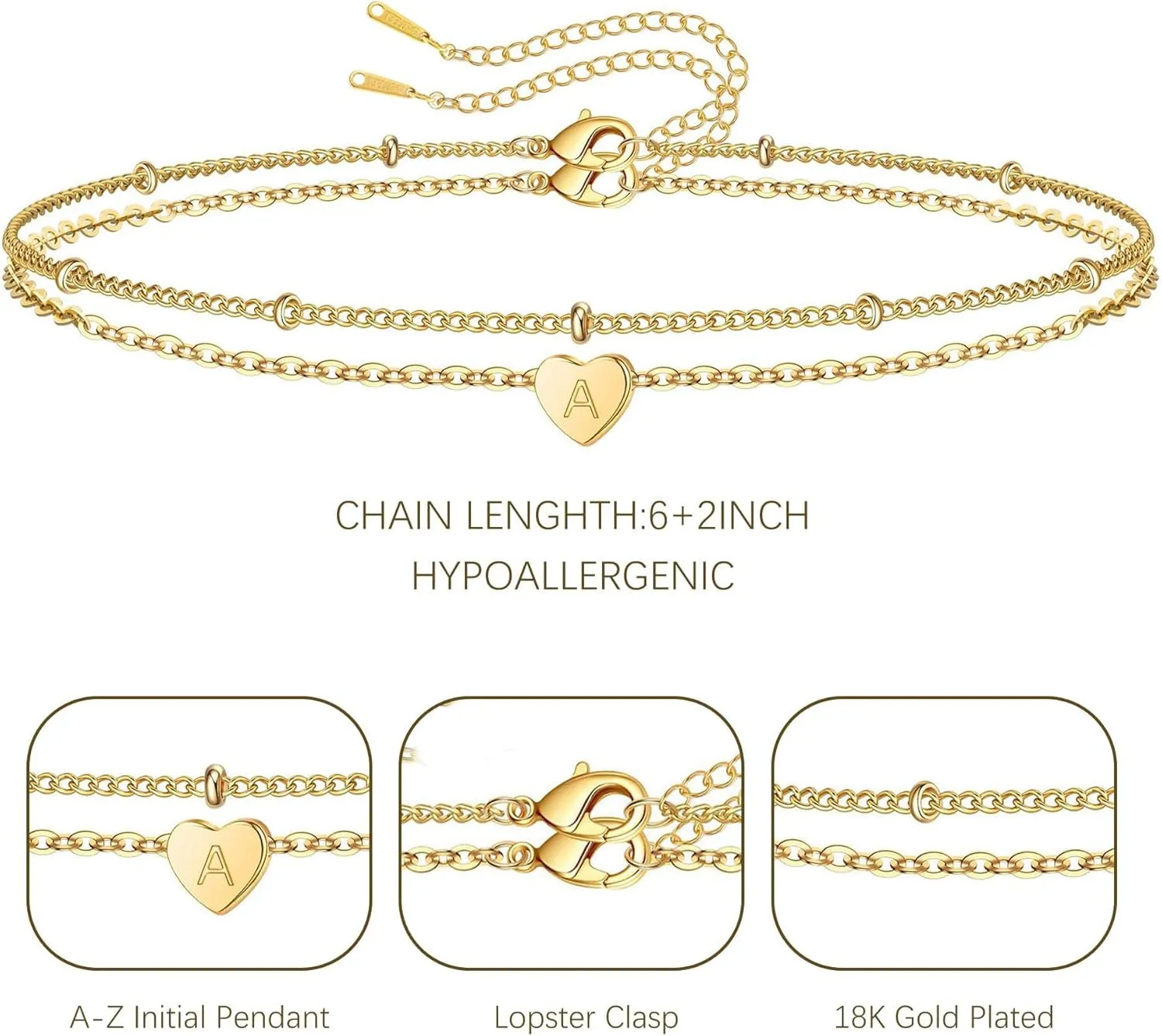 Gold Initial Bracelets for Women Teen Girls, 18K Gold Plated Letter A-Z Initial Bracelet Heart Bracelet Dainty Gold Bracelet for Women Teen Girl Gift Trendy Stuff Jewelry