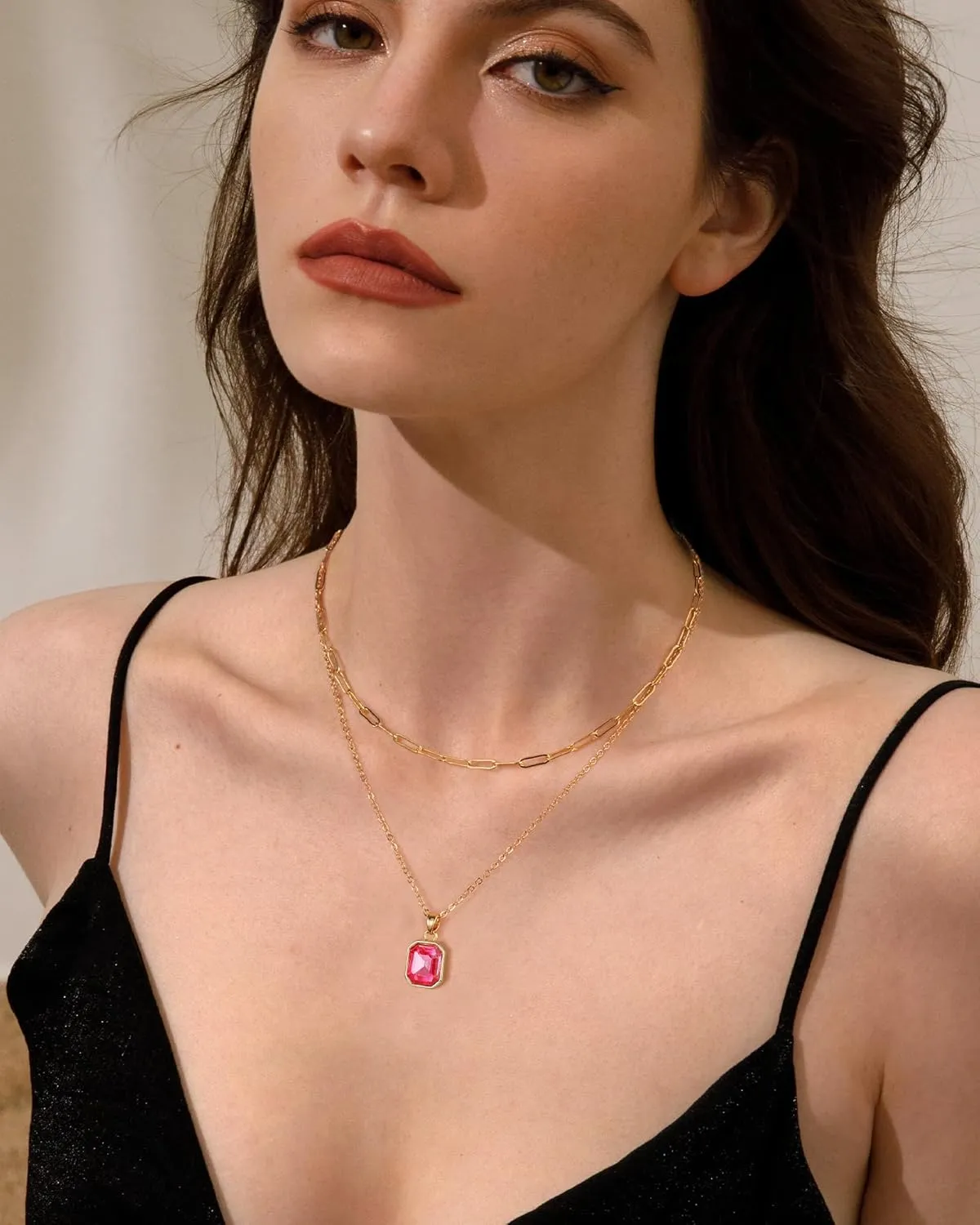 Gold Layered Necklaces for Women, 18k Gold Plated Crystal Necklace Paperclip Choker Emerald Green Jewelry for Women Gifts