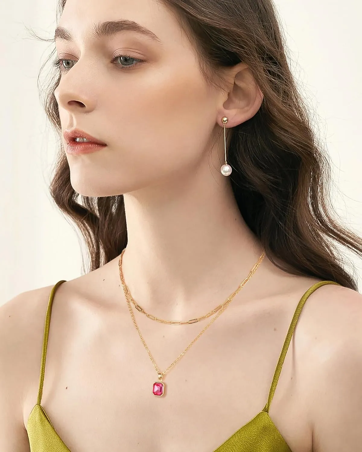 Gold Layered Necklaces for Women, 18k Gold Plated Crystal Necklace Paperclip Choker Emerald Green Jewelry for Women Gifts