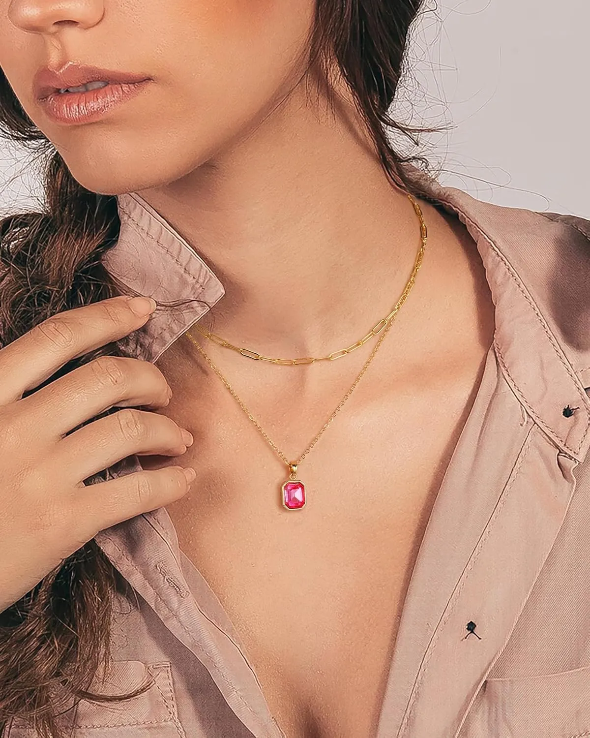 Gold Layered Necklaces for Women, 18k Gold Plated Crystal Necklace Paperclip Choker Emerald Green Jewelry for Women Gifts