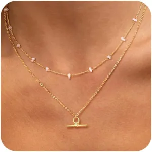 Gold Layered Necklaces for Women, Dainty 14k Gold/Silver Plated Paperclip Chain Necklace Trendy Cuban Link Chunky Beaded Toggle Clasp Necklace Fashion Christmas Jewelry for Women