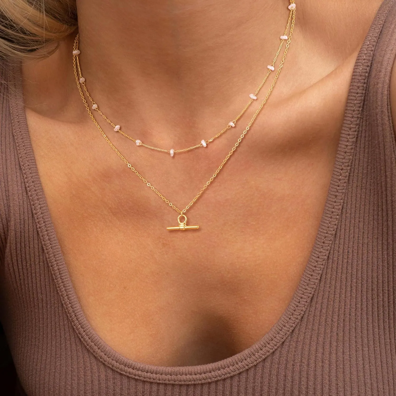 Gold Layered Necklaces for Women, Dainty 14k Gold/Silver Plated Paperclip Chain Necklace Trendy Cuban Link Chunky Beaded Toggle Clasp Necklace Fashion Christmas Jewelry for Women