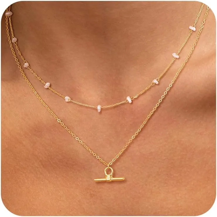 Gold Layered Necklaces for Women, Dainty 14k Gold/Silver Plated Paperclip Chain Necklace Trendy Cuban Link Chunky Beaded Toggle Clasp Necklace Fashion Christmas Jewelry for Women