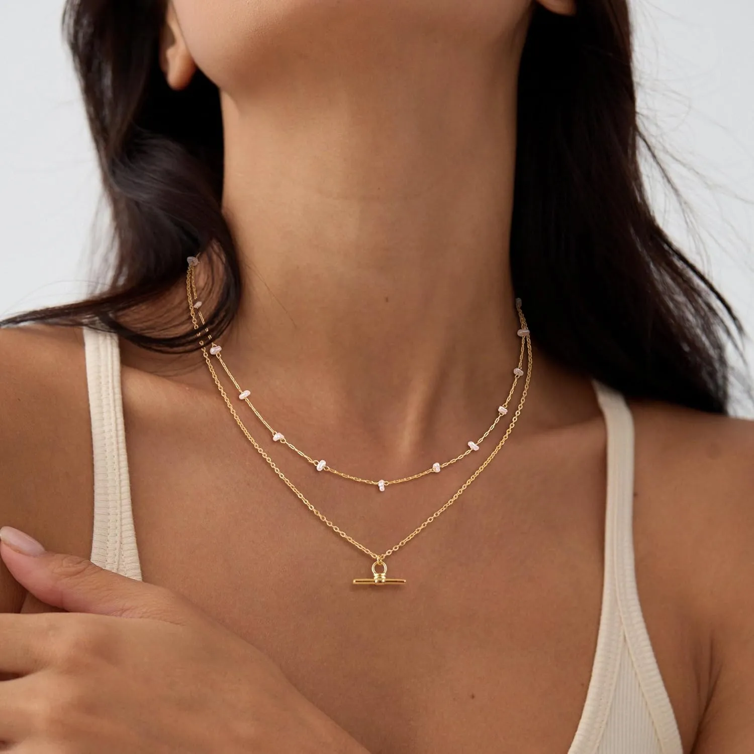 Gold Layered Necklaces for Women, Dainty 14k Gold/Silver Plated Paperclip Chain Necklace Trendy Cuban Link Chunky Beaded Toggle Clasp Necklace Fashion Christmas Jewelry for Women