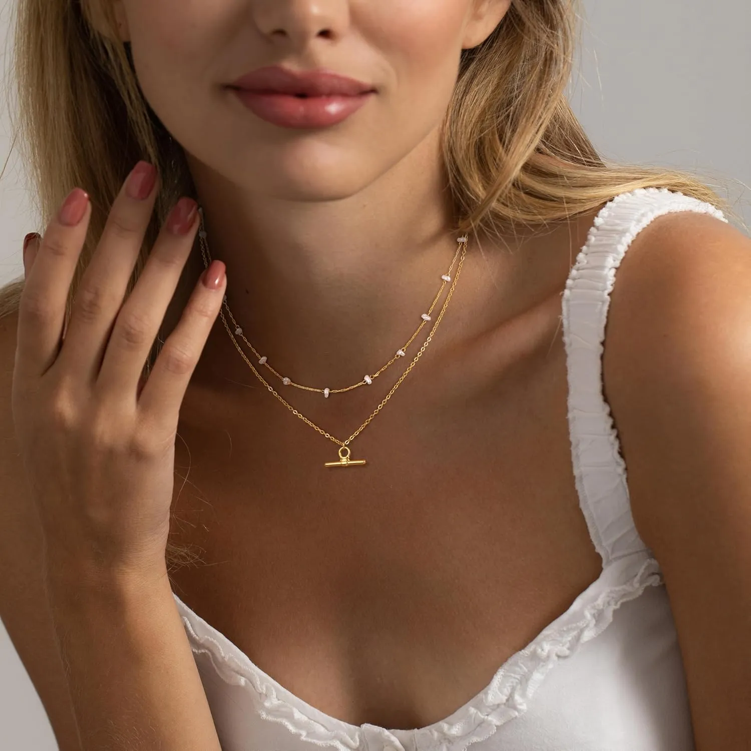 Gold Layered Necklaces for Women, Dainty 14k Gold/Silver Plated Paperclip Chain Necklace Trendy Cuban Link Chunky Beaded Toggle Clasp Necklace Fashion Christmas Jewelry for Women