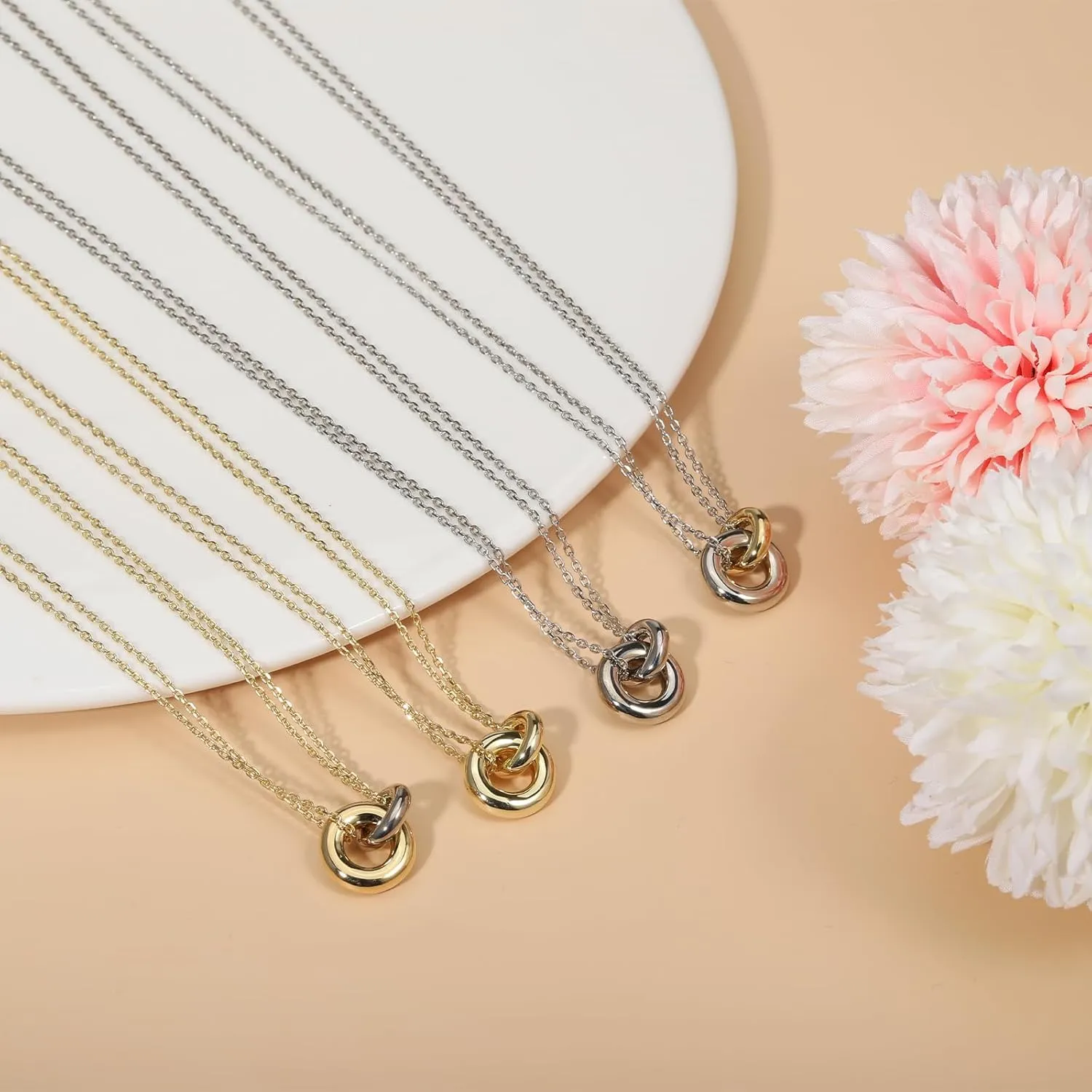 Gold Necklaces for Women Trendy, 14k Gold Plated Interlocking Circle Necklace, Dainty Chain Choker Necklace for Women