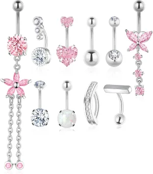 Gold Silver Belly Button Ring Belly Rings for Women Belly Button Piercing 14G Surgical Stainless Steel Dangle Flower Pink Heart Opal Navel Belly Piercing Jewelry Clicker Belly Button Jewelry