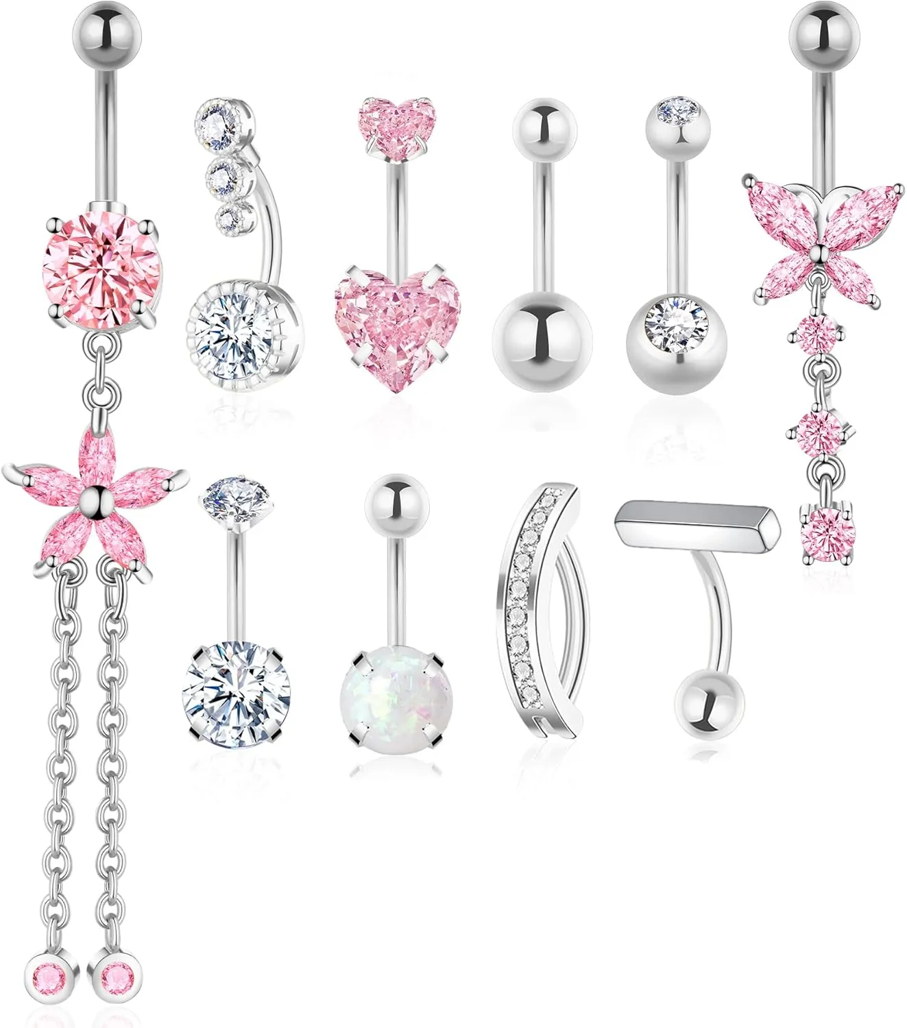 Gold Silver Belly Button Ring Belly Rings for Women Belly Button Piercing 14G Surgical Stainless Steel Dangle Flower Pink Heart Opal Navel Belly Piercing Jewelry Clicker Belly Button Jewelry