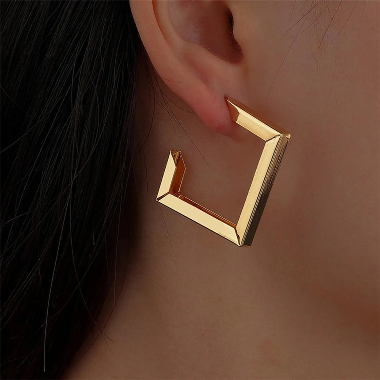 Gold Square Dangle Hoop Earrings Geometric Hoop Earrings Hollow Square Drop Earrings Minimalist Chunky Square Earrings Square Half Hoop Earrings Jewelry for Women