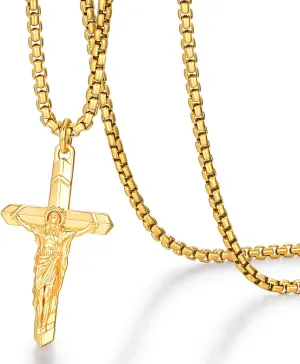 Gold St Benedict Necklace Crucifix Cross Necklace Men Gold Pardon Crucifix with Chain Jesus Pendant Necklaces Religious Jewelry Gifts for Him