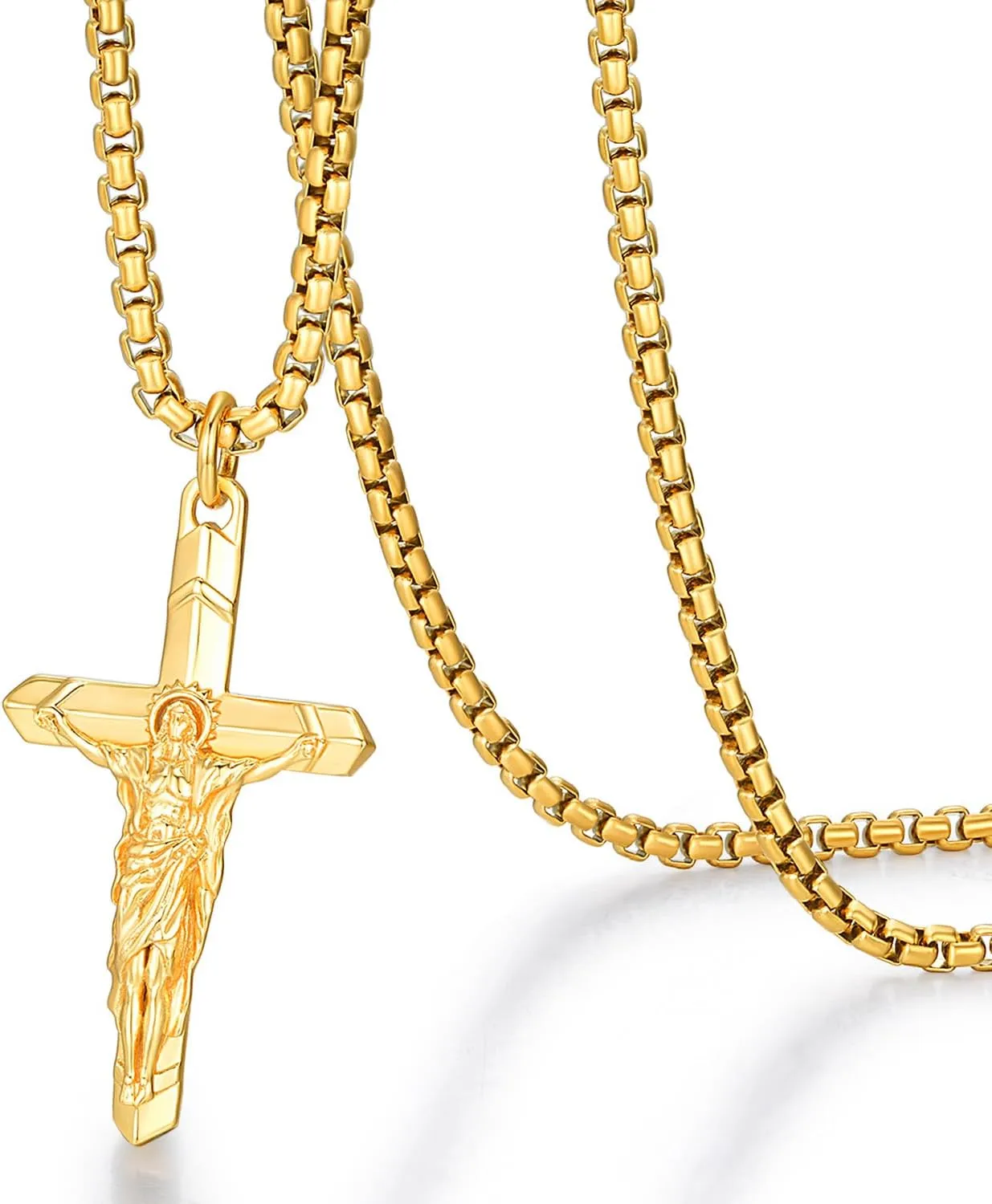 Gold St Benedict Necklace Crucifix Cross Necklace Men Gold Pardon Crucifix with Chain Jesus Pendant Necklaces Religious Jewelry Gifts for Him