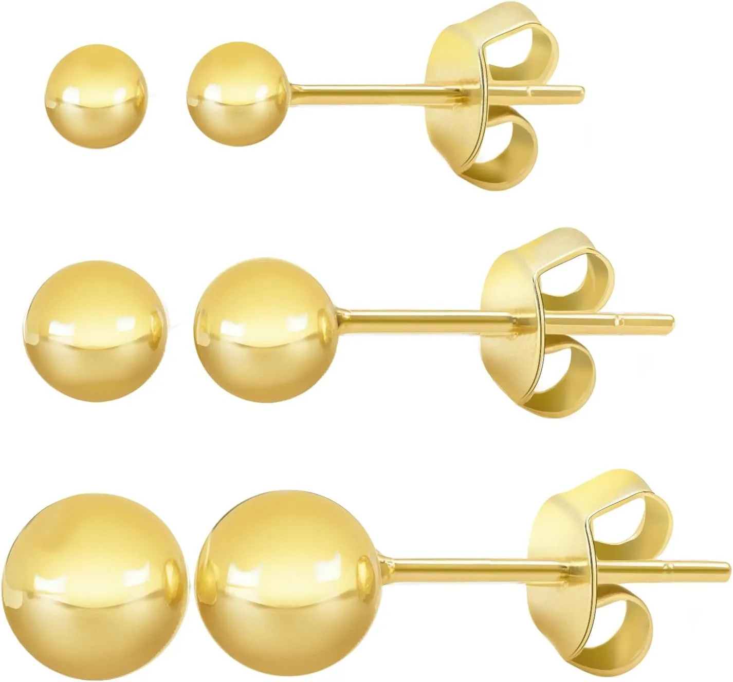 Gold Stud Earrings for Women 14K Gold Ball Stud Earrings Hypoallergenic Earring (3-Pair-Pack) 3MM 4MM 5MM with Butterfly Pushbacks