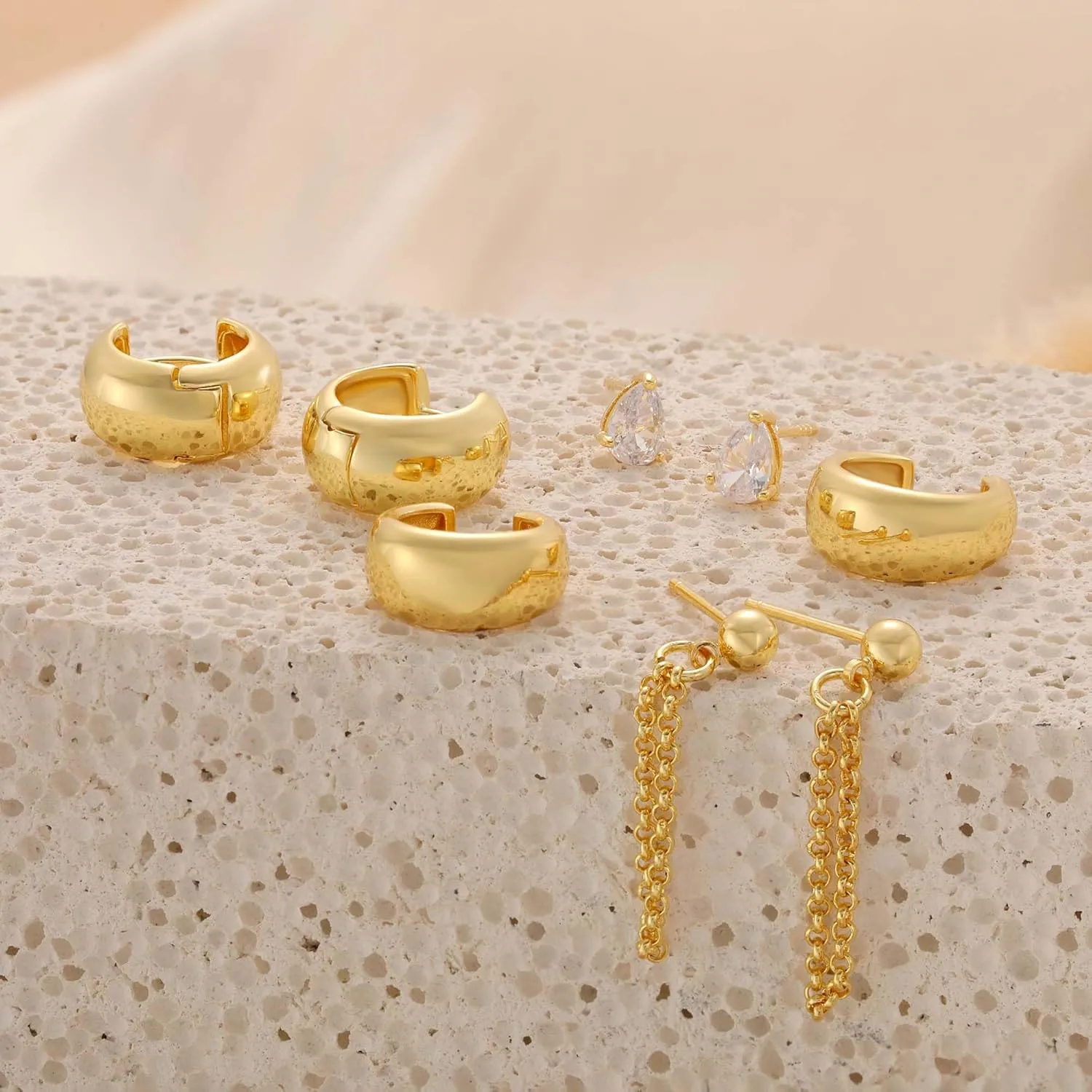 Gold Stud Hoop Earrings Set for Women, Dainty 14K Gold/Silver Plated Cartilage Earrings Hypoallergenic Trendy Ear Cuffs Chain Earrings Fashion Jewelry for Women Gifts