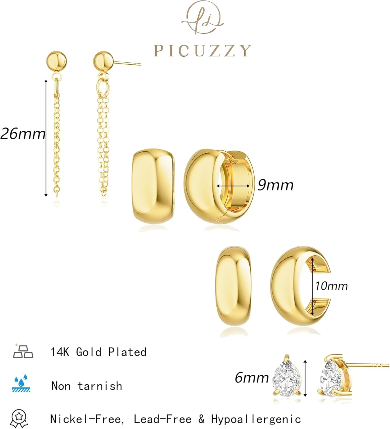 Gold Stud Hoop Earrings Set for Women, Dainty 14K Gold/Silver Plated Cartilage Earrings Hypoallergenic Trendy Ear Cuffs Chain Earrings Fashion Jewelry for Women Gifts