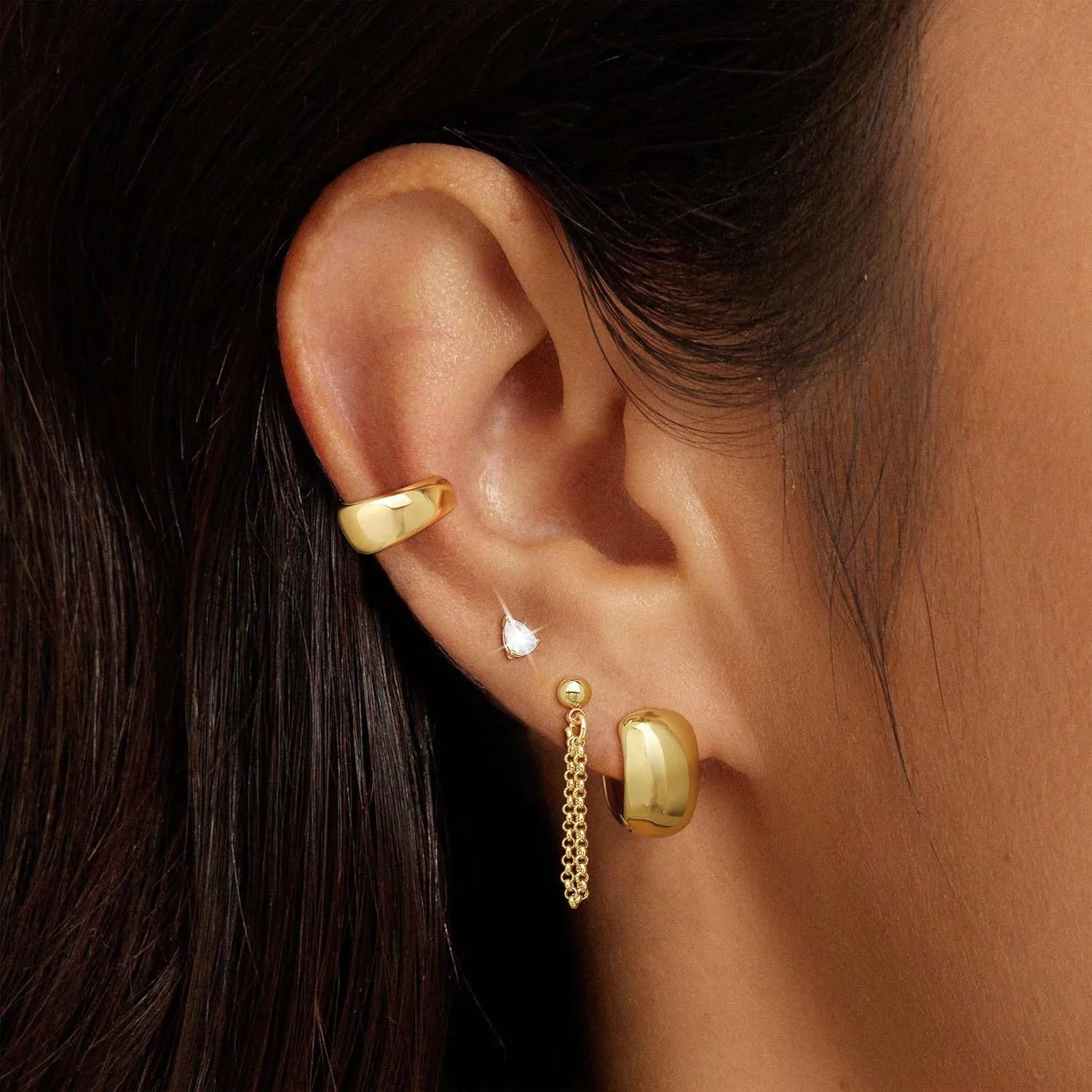 Gold Stud Hoop Earrings Set for Women, Dainty 14K Gold/Silver Plated Cartilage Earrings Hypoallergenic Trendy Ear Cuffs Chain Earrings Fashion Jewelry for Women Gifts