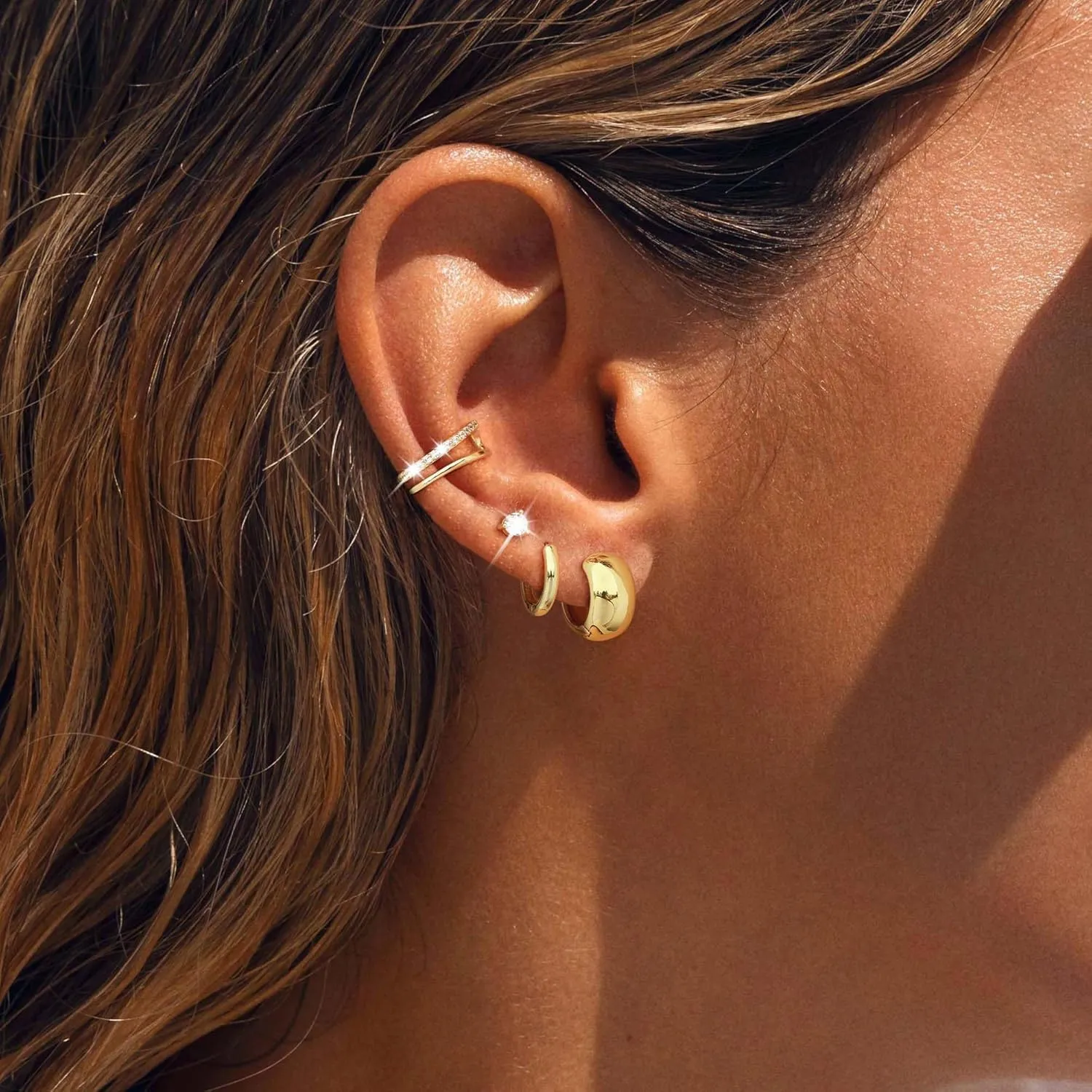 Gold Stud Hoop Earrings Set for Women, Dainty 14K Gold/Silver Plated Cartilage Earrings Hypoallergenic Trendy Ear Cuffs Chain Earrings Fashion Jewelry for Women Gifts